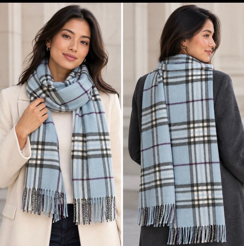 100% Cashmere Plaid Scarf Made in Scotland Light Blue Black Purple Fringe